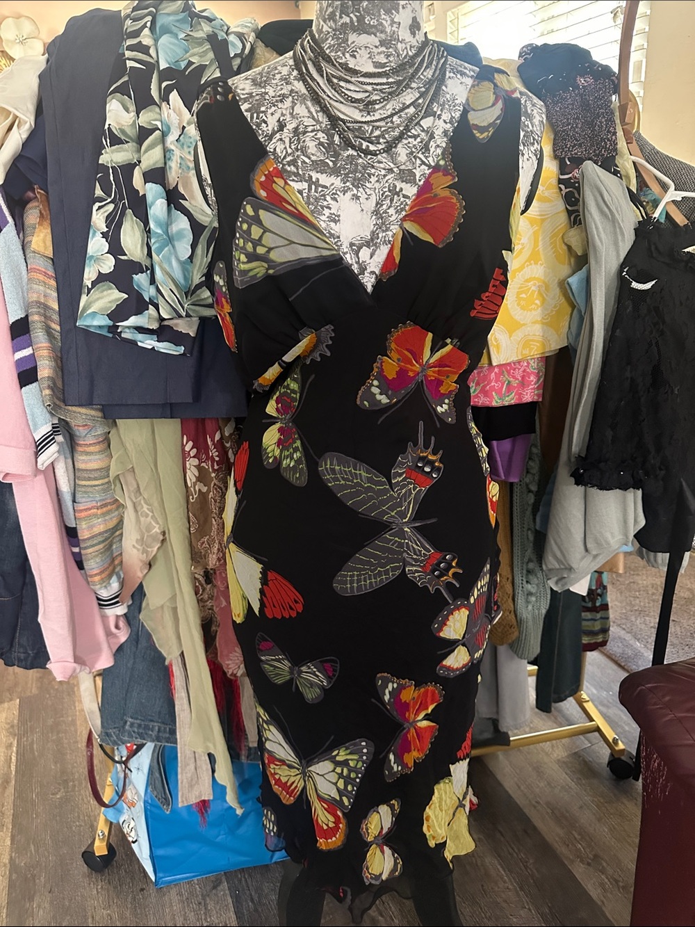 Black Butterfly-Print V‑Neck Women’s Dress